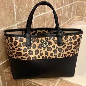 Tory Burch Black and Leopard Print Tote